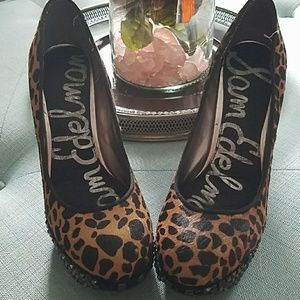 Studed Pony hair platform pumps